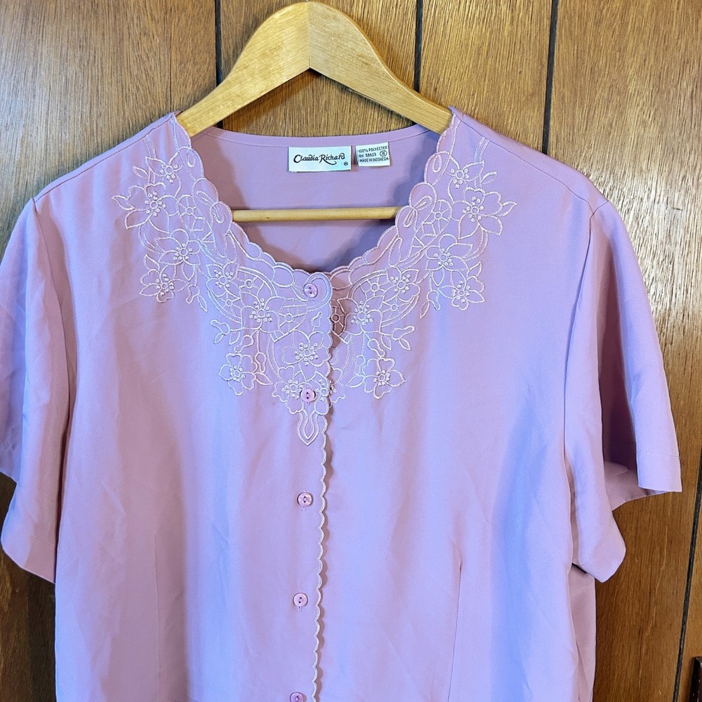 Vintage Claudia Richard Womens Mauve Embroidered Floral Button Down‎ Top Size 16